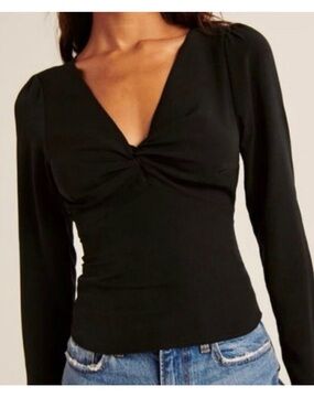 Abercrombie & Fitch Black Twist-Front Long Sleeve V-Neck Top